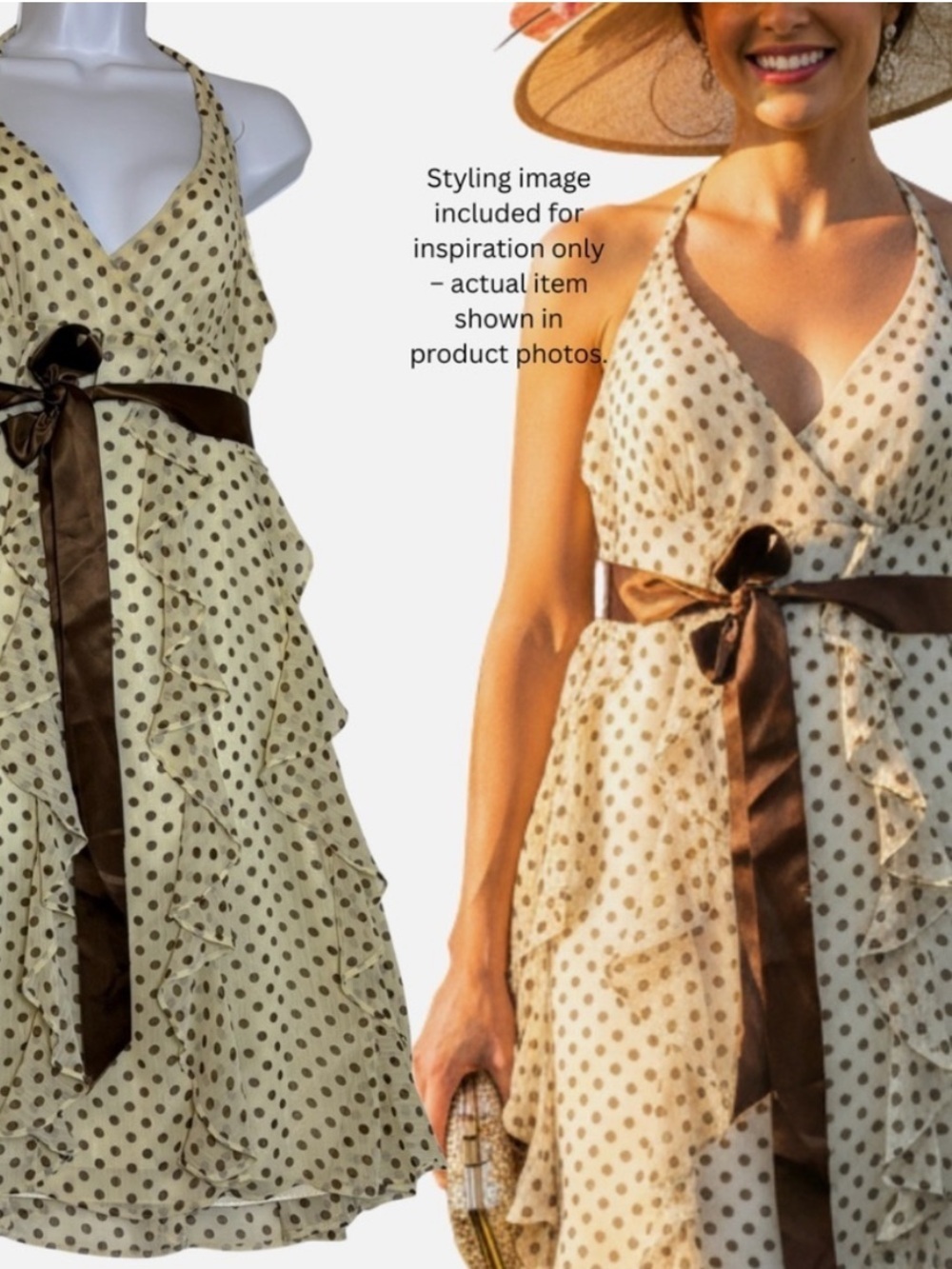 Flowy Chiffon Polka Dot Ruffle Halter Dress 12 Brown/Cream Cocktai Wedding Party